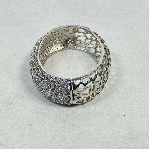 Womens Bracelet Bangle Pave Rhinestone Cut Ott Hearts Silver Tone 25mm Wide - Picture 6 of 12